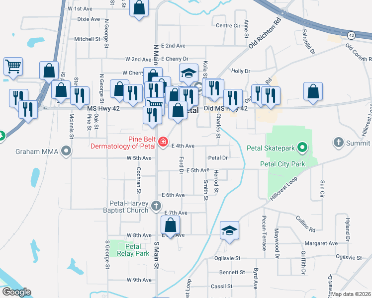 map of restaurants, bars, coffee shops, grocery stores, and more near 200-210 E 4th Ave in Petal