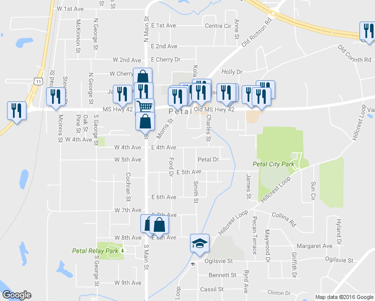 map of restaurants, bars, coffee shops, grocery stores, and more near 303 East 4th Avenue in Petal