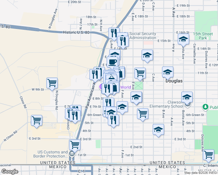 map of restaurants, bars, coffee shops, grocery stores, and more near 425 10th St in Douglas
