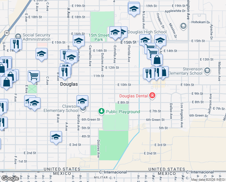 map of restaurants, bars, coffee shops, grocery stores, and more near 1469 East 10th Street in Douglas