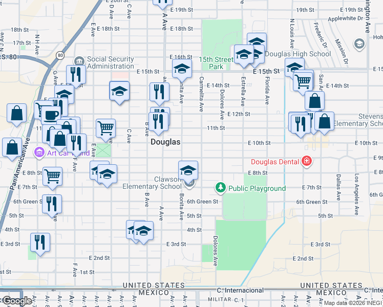 map of restaurants, bars, coffee shops, grocery stores, and more near in Douglas