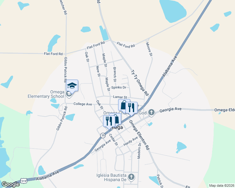 map of restaurants, bars, coffee shops, grocery stores, and more near 113 Spinks Drive in Omega