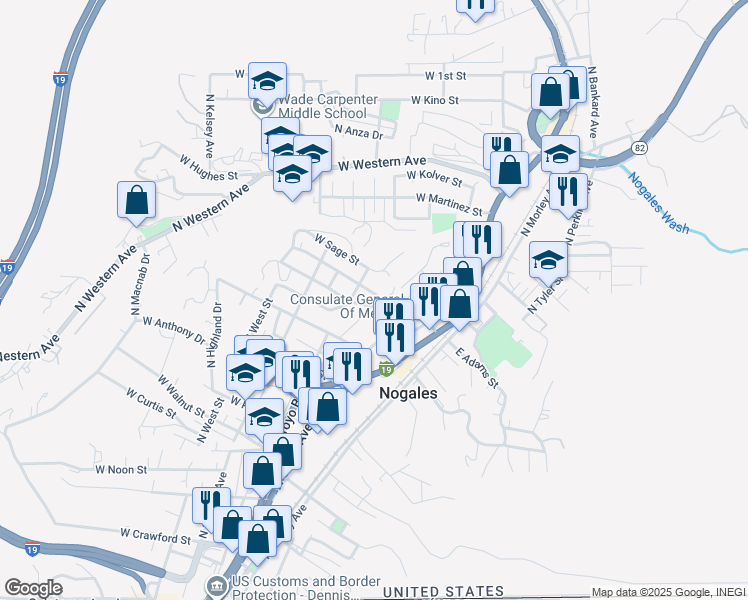map of restaurants, bars, coffee shops, grocery stores, and more near 208 West Ellis Street in Nogales