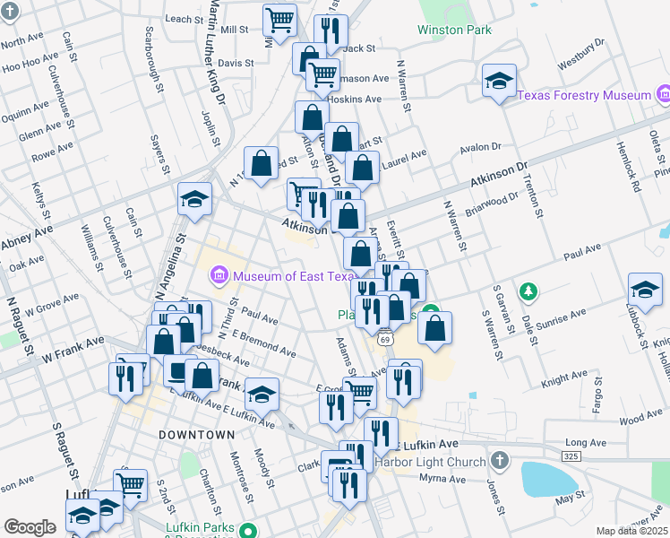 map of restaurants, bars, coffee shops, grocery stores, and more near 701 Locke Street in Lufkin