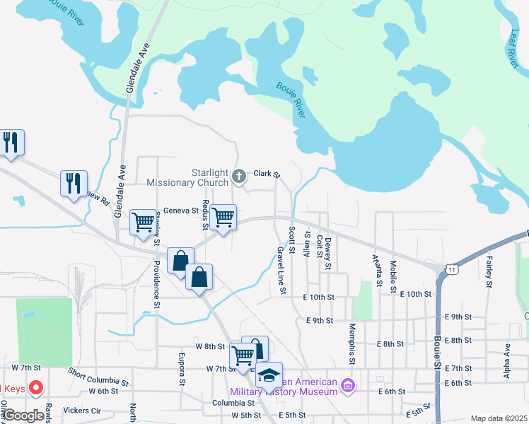 map of restaurants, bars, coffee shops, grocery stores, and more near 704 Geneva Street in Hattiesburg