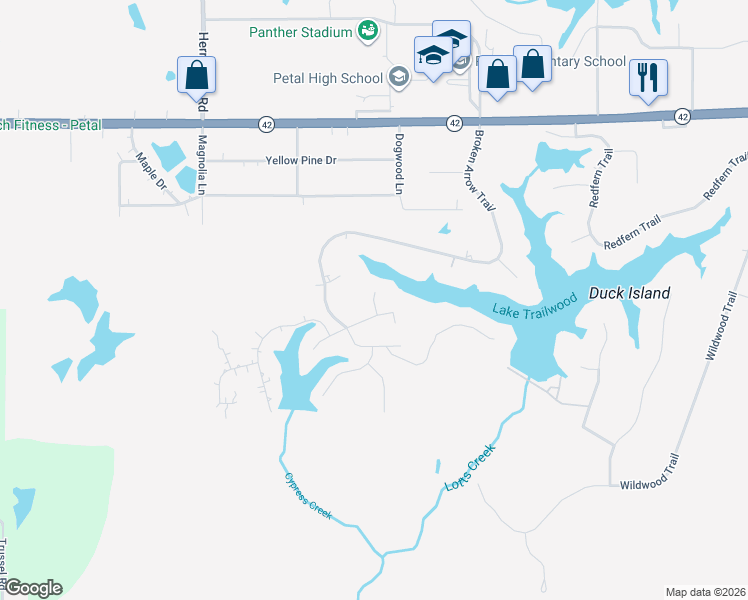 map of restaurants, bars, coffee shops, grocery stores, and more near Crooked Pine Point in Petal