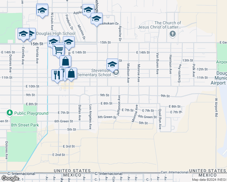 map of restaurants, bars, coffee shops, grocery stores, and more near 2201 East 10th Street in Douglas