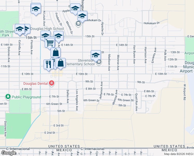 map of restaurants, bars, coffee shops, grocery stores, and more near 2203 East 10th Street in Douglas