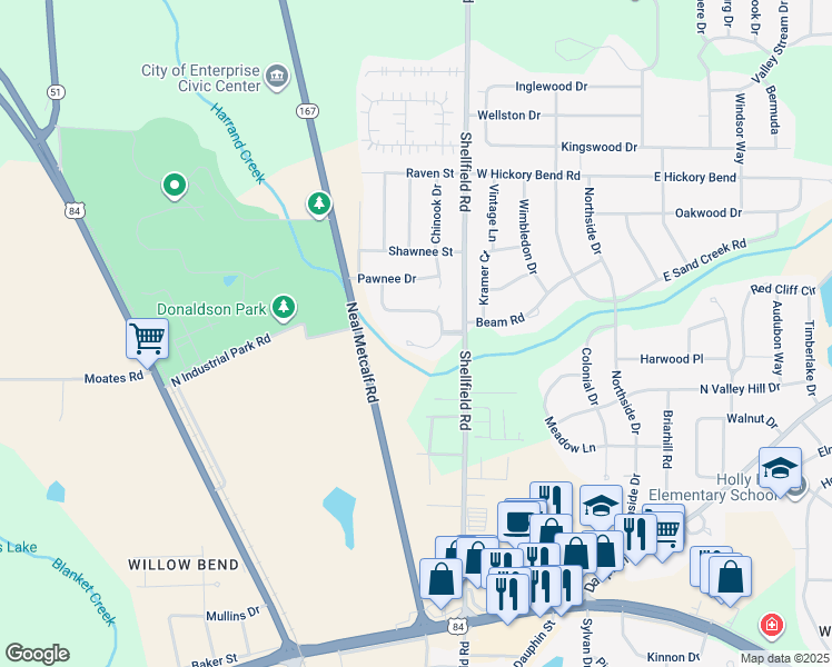 map of restaurants, bars, coffee shops, grocery stores, and more near 210 Windover Way in Enterprise