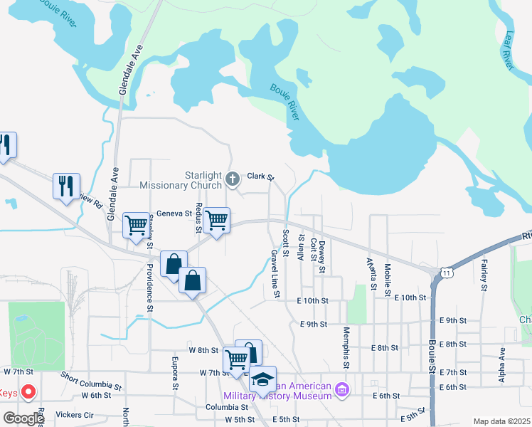 map of restaurants, bars, coffee shops, grocery stores, and more near 704 Geneva Street in Hattiesburg