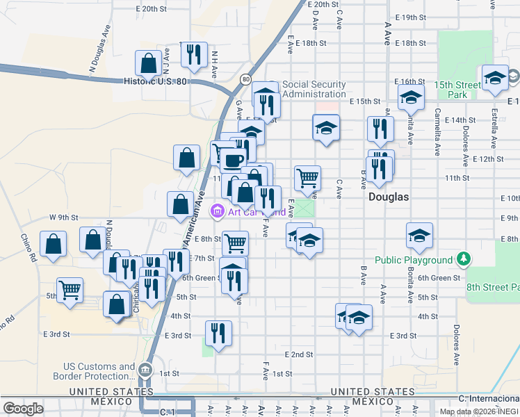 map of restaurants, bars, coffee shops, grocery stores, and more near 936 F Avenue in Douglas