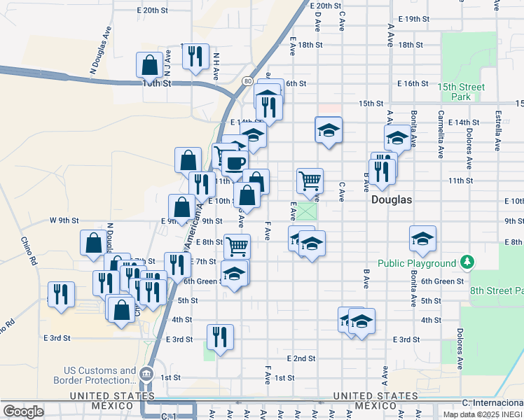 map of restaurants, bars, coffee shops, grocery stores, and more near 933 G Avenue in Douglas