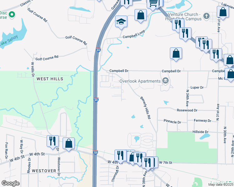 map of restaurants, bars, coffee shops, grocery stores, and more near 105 Plantation Boulevard in Hattiesburg