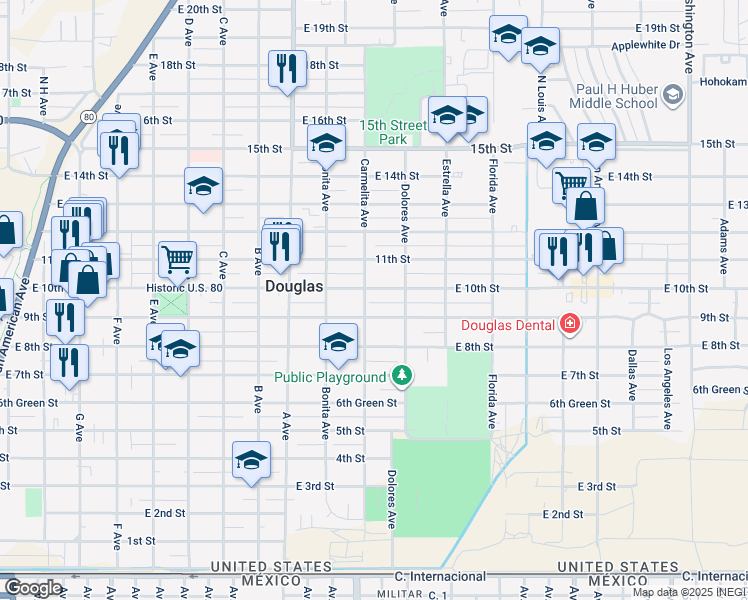 map of restaurants, bars, coffee shops, grocery stores, and more near 1315 East 10th Street in Douglas