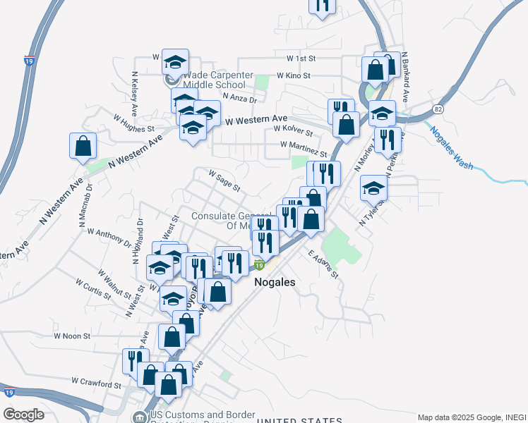 map of restaurants, bars, coffee shops, grocery stores, and more near North Sierra Avenue in Nogales