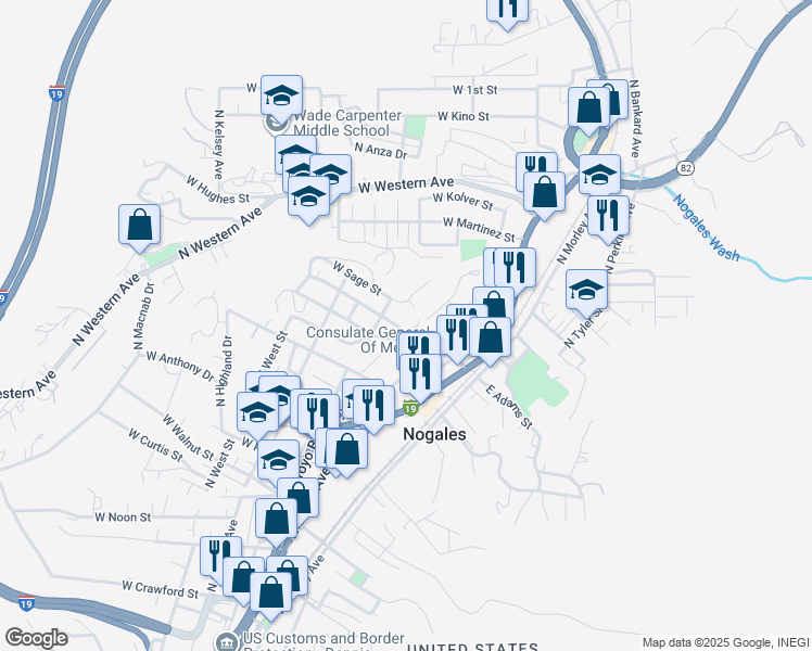 map of restaurants, bars, coffee shops, grocery stores, and more near 208 West Ellis Street in Nogales
