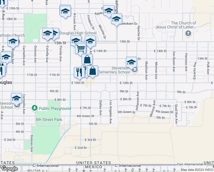 map of restaurants, bars, coffee shops, grocery stores, and more near 2001 East 10th Street in Douglas
