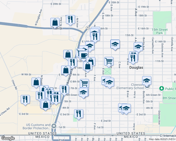 map of restaurants, bars, coffee shops, grocery stores, and more near 933 G Avenue in Douglas