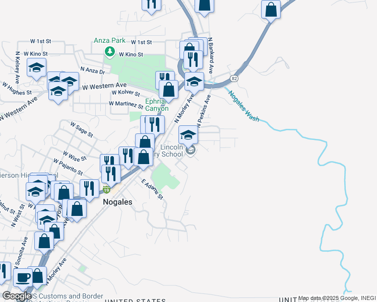 map of restaurants, bars, coffee shops, grocery stores, and more near 652 North Tyler Street in Nogales