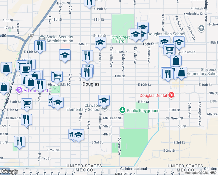 map of restaurants, bars, coffee shops, grocery stores, and more near 1315 East 10th Street in Douglas