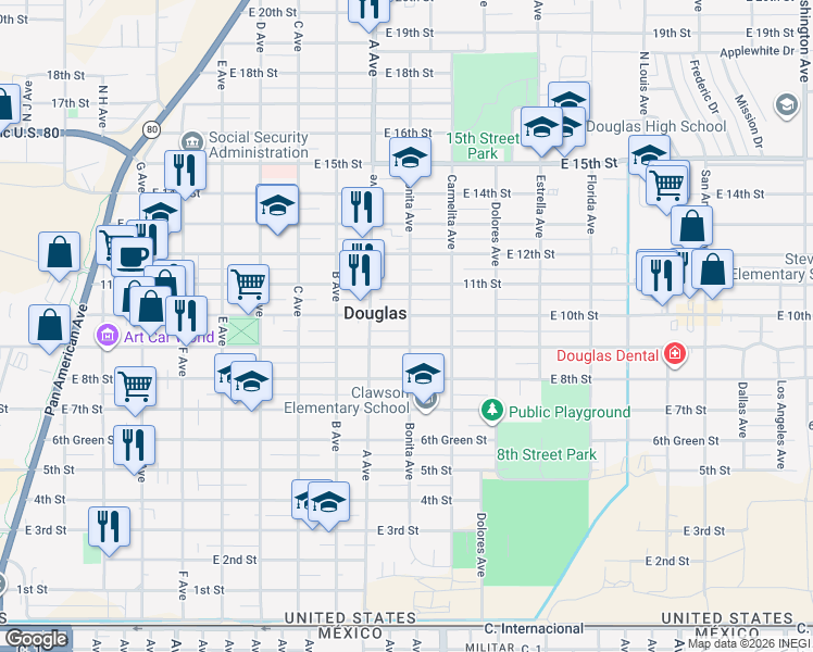 map of restaurants, bars, coffee shops, grocery stores, and more near in Douglas