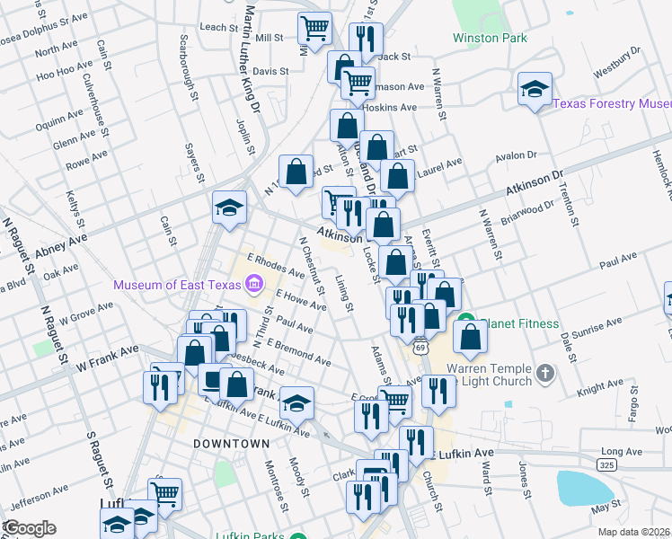 map of restaurants, bars, coffee shops, grocery stores, and more near 800 North Chestnut Street in Lufkin