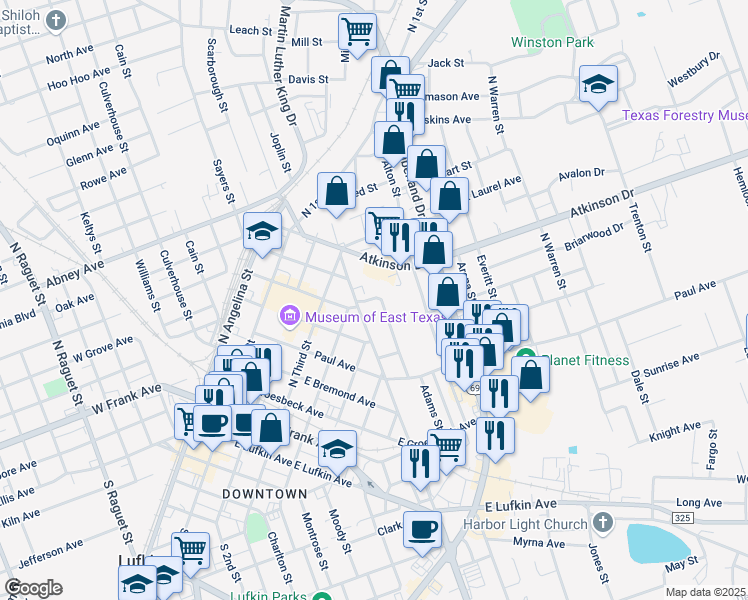 map of restaurants, bars, coffee shops, grocery stores, and more near 800 North Chestnut Street in Lufkin