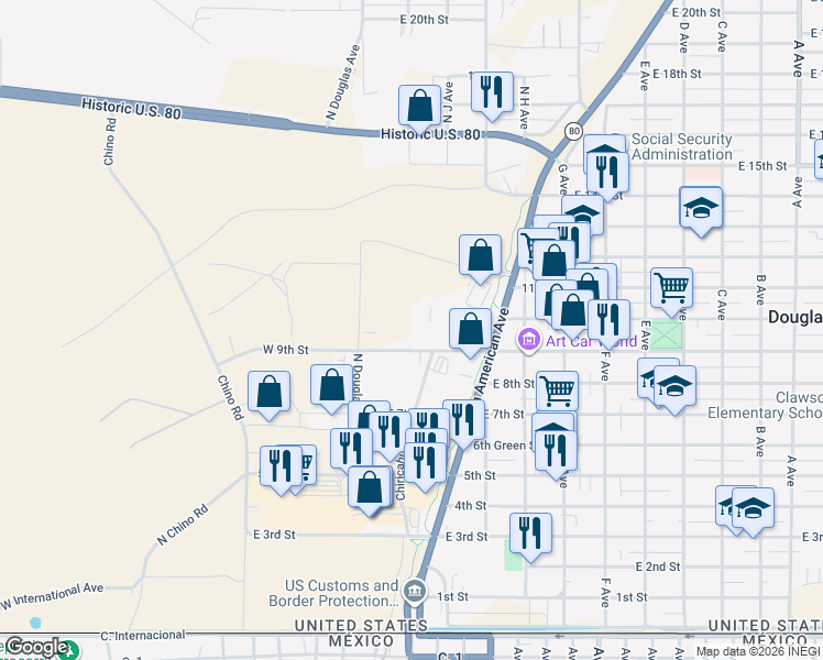 map of restaurants, bars, coffee shops, grocery stores, and more near 50 East 9th Street in Douglas