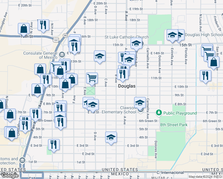 map of restaurants, bars, coffee shops, grocery stores, and more near 925 East 10th Street in Douglas