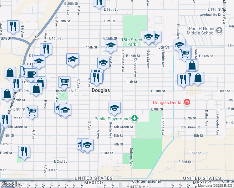 map of restaurants, bars, coffee shops, grocery stores, and more near in Douglas