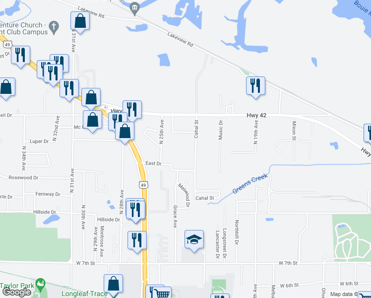 map of restaurants, bars, coffee shops, grocery stores, and more near 200 Cahal Street in Hattiesburg