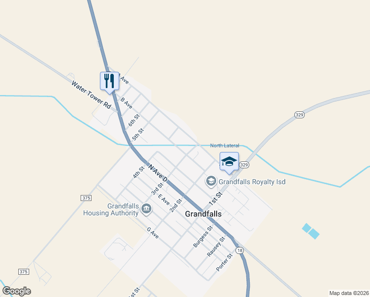 map of restaurants, bars, coffee shops, grocery stores, and more near 301 B Avenue in Grandfalls