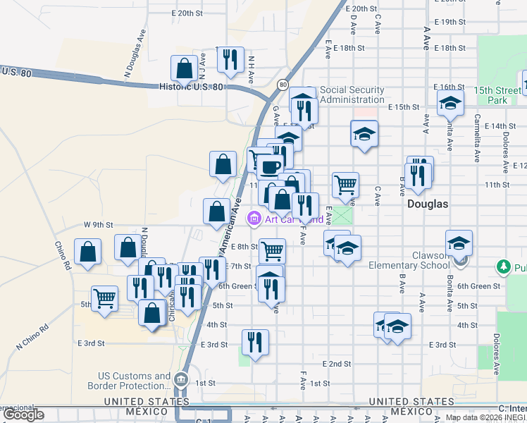 map of restaurants, bars, coffee shops, grocery stores, and more near 425 10th St in Douglas