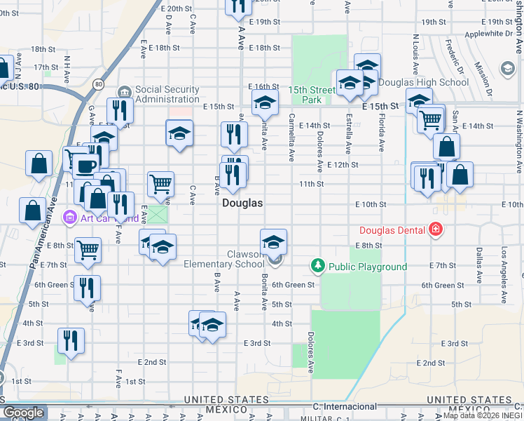 map of restaurants, bars, coffee shops, grocery stores, and more near in Douglas