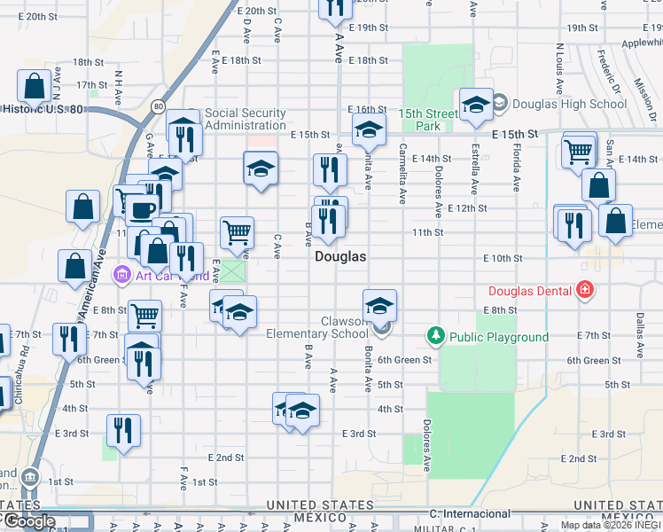map of restaurants, bars, coffee shops, grocery stores, and more near 1006 East 9th Street in Douglas