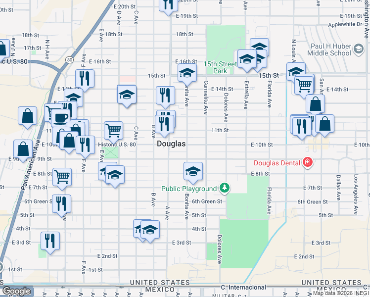 map of restaurants, bars, coffee shops, grocery stores, and more near 1165 East 10th Street in Douglas
