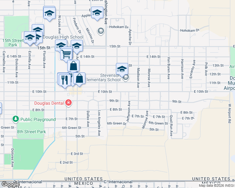 map of restaurants, bars, coffee shops, grocery stores, and more near 2123 East 10th Street in Douglas