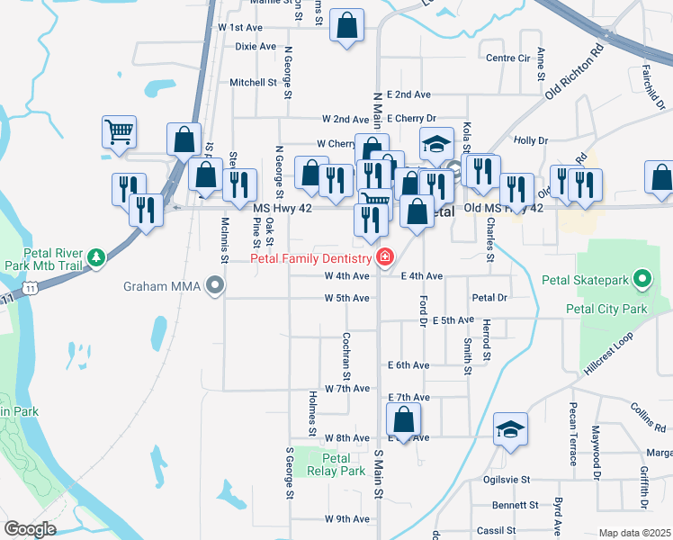 map of restaurants, bars, coffee shops, grocery stores, and more near 124 West 4th Avenue in Petal