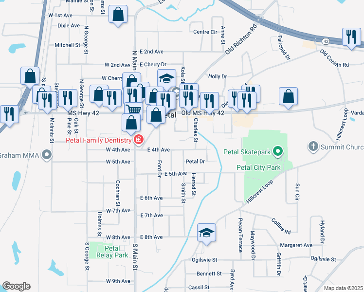 map of restaurants, bars, coffee shops, grocery stores, and more near 303 East 4th Avenue in Petal