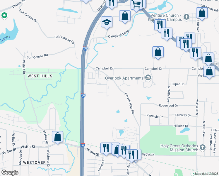 map of restaurants, bars, coffee shops, grocery stores, and more near 1124 Beverly Hills Road in Hattiesburg
