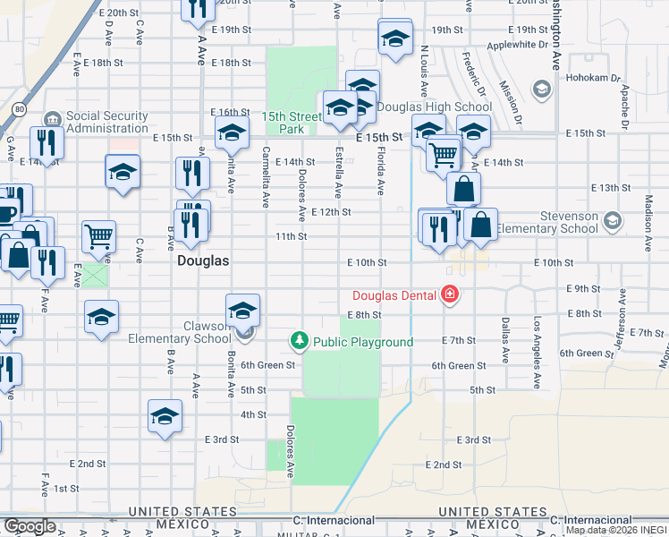 map of restaurants, bars, coffee shops, grocery stores, and more near 1469 East 10th Street in Douglas