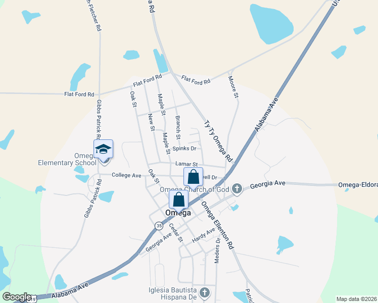 map of restaurants, bars, coffee shops, grocery stores, and more near 113 Spinks Drive in Omega