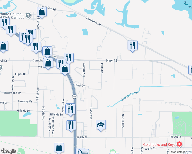map of restaurants, bars, coffee shops, grocery stores, and more near 200 Cahal Street in Hattiesburg