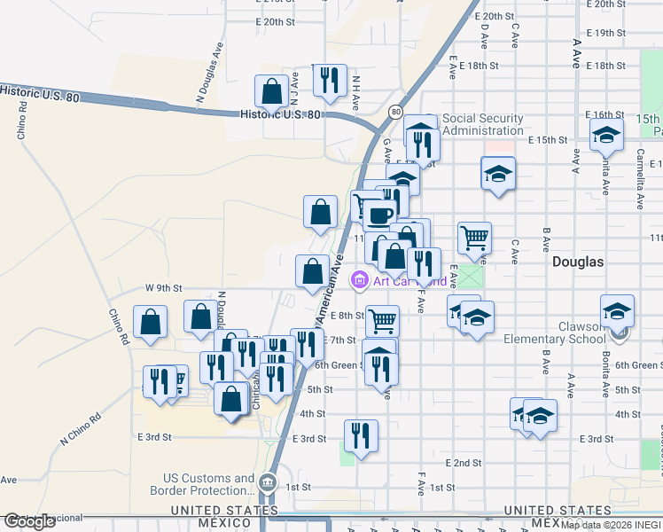 map of restaurants, bars, coffee shops, grocery stores, and more near 1000 Pan American Avenue in Douglas