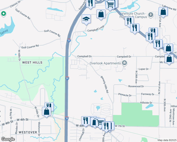 map of restaurants, bars, coffee shops, grocery stores, and more near 1124 Beverly Hills Road in Hattiesburg