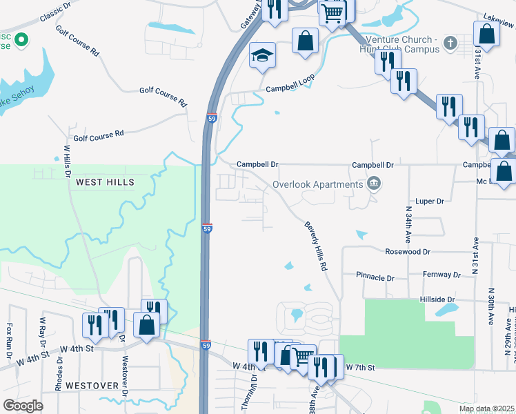 map of restaurants, bars, coffee shops, grocery stores, and more near 105 Plantation Boulevard in Hattiesburg