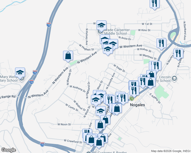 map of restaurants, bars, coffee shops, grocery stores, and more near 444 West Pajarito Street in Nogales