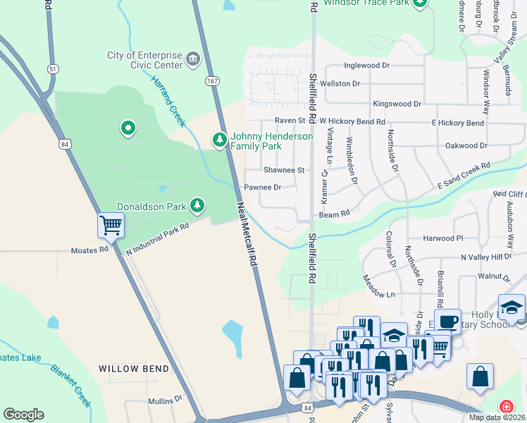 map of restaurants, bars, coffee shops, grocery stores, and more near 114 Windover Way in Enterprise