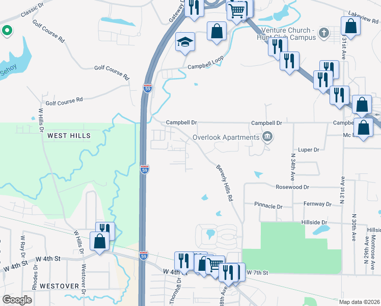 map of restaurants, bars, coffee shops, grocery stores, and more near 1124 Beverly Hills Road in Hattiesburg