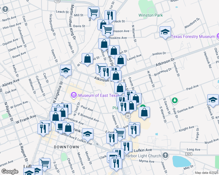 map of restaurants, bars, coffee shops, grocery stores, and more near 701 Locke Street in Lufkin